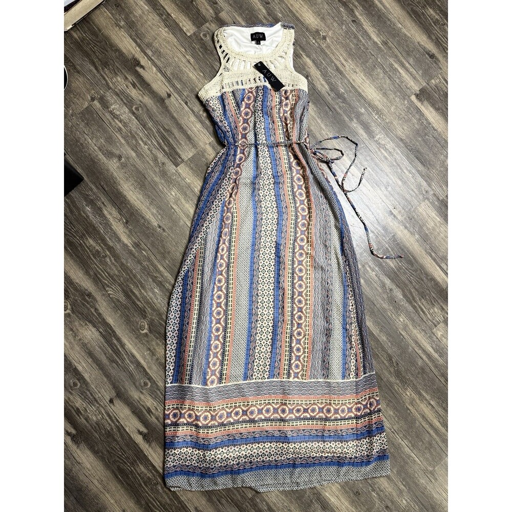 AUW Womens Maxi Dress Small Boho Crochet Lace Sleeveless Tie Waist NWT